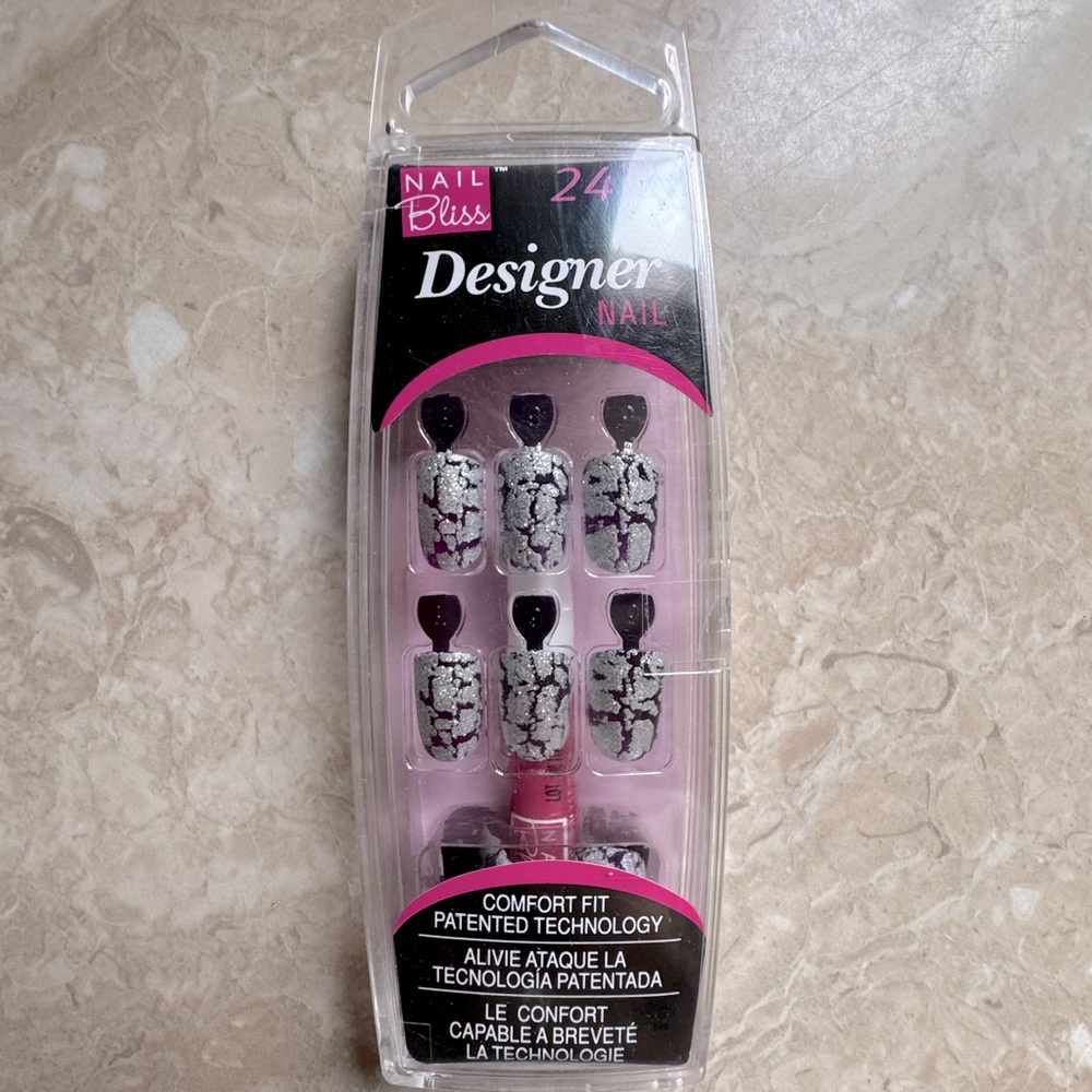 Nail Bliss Designer Nails Set Purple Cracked Metallic Silver Glitter Nails Kit